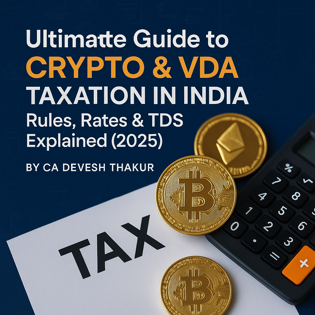 create square image for my blog on Ultimate Guide to Crypto & VDA Taxation in India Rules, Rates & TDS Explained (2025) by CA Devesh Thakur